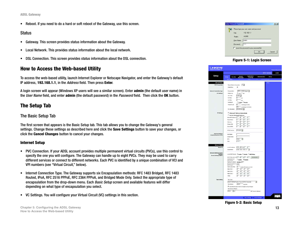 Figure 5-1: login screen, Figure 5-2: basic setup, How to access the web-based utility | The setup tab | Linksys AG300 User Manual | Page 19 / 78