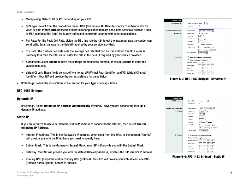 Figure 5-3: rfc 1483 bridged - dynamic ip, Figure 5-4: rfc 1483 bridged - static ip | Linksys AG300 User Manual | Page 20 / 78