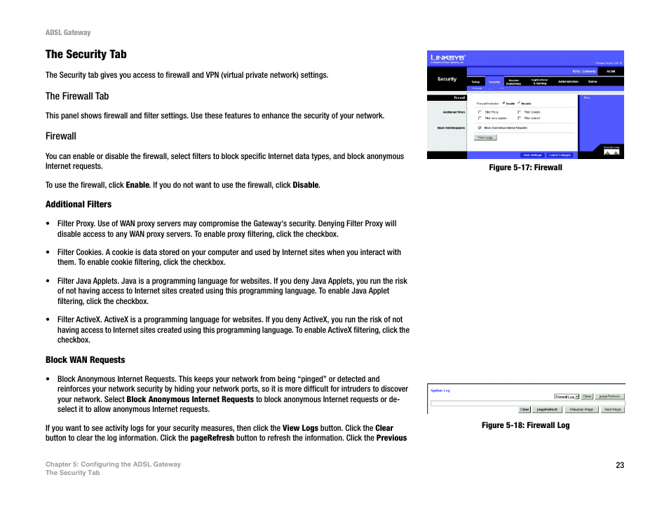 Figure 5-17: firewall, Figure 5-18: firewall log, The security tab | Linksys AG300 User Manual | Page 29 / 78