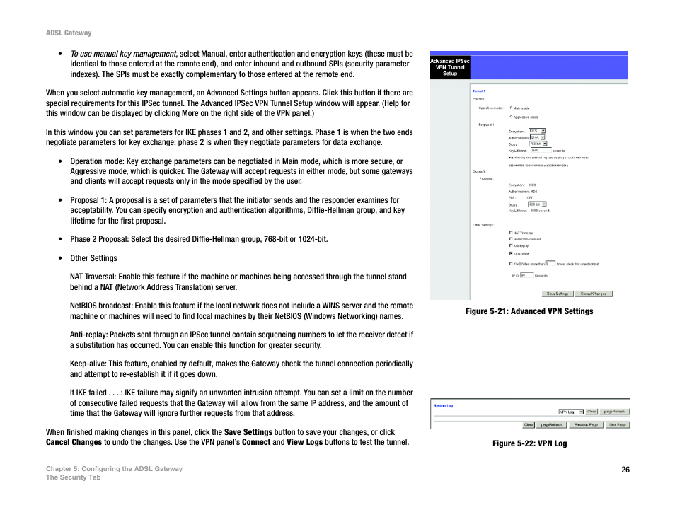 Figure 5-21: advanced vpn settings, Figure 5-22: vpn log | Linksys AG300 User Manual | Page 32 / 78