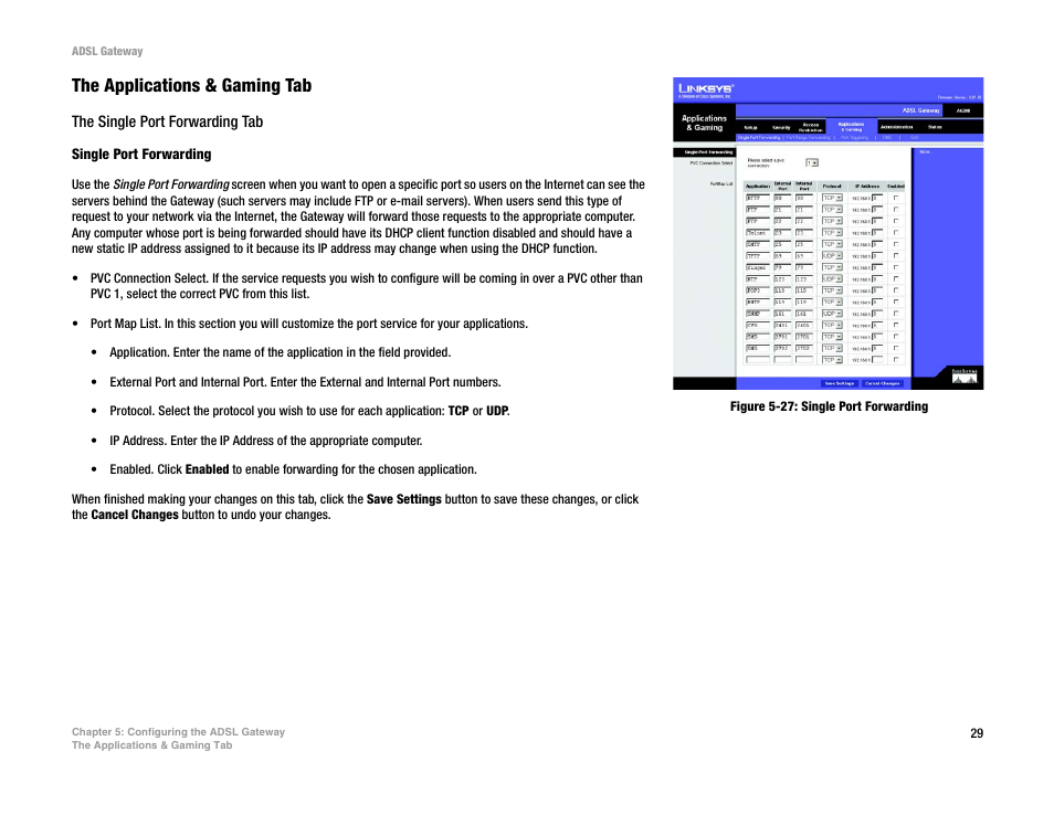 Figure 5-27: single port forwarding, The applications & gaming tab | Linksys AG300 User Manual | Page 35 / 78