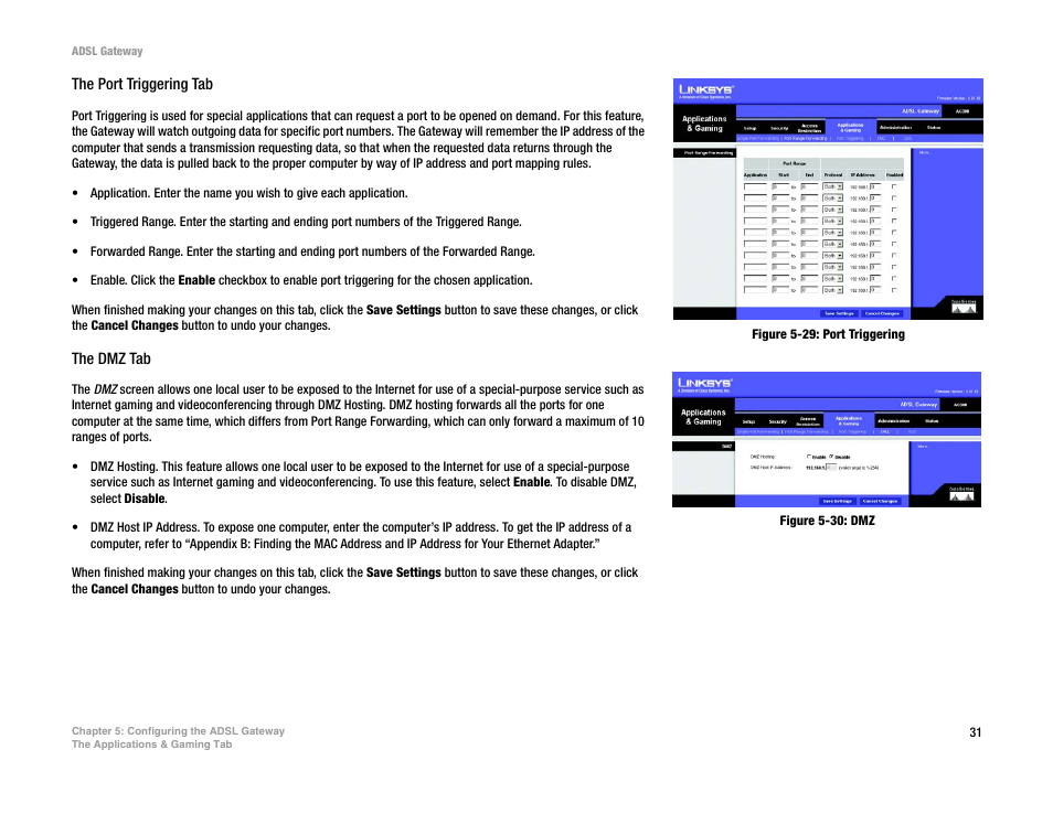 Figure 5-29: port triggering, Figure 5-30: dmz | Linksys AG300 User Manual | Page 37 / 78