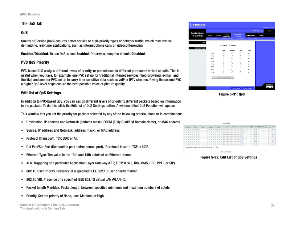 Figure 5-31: qos, Figure 5-32: edit list of qos settings | Linksys AG300 User Manual | Page 38 / 78