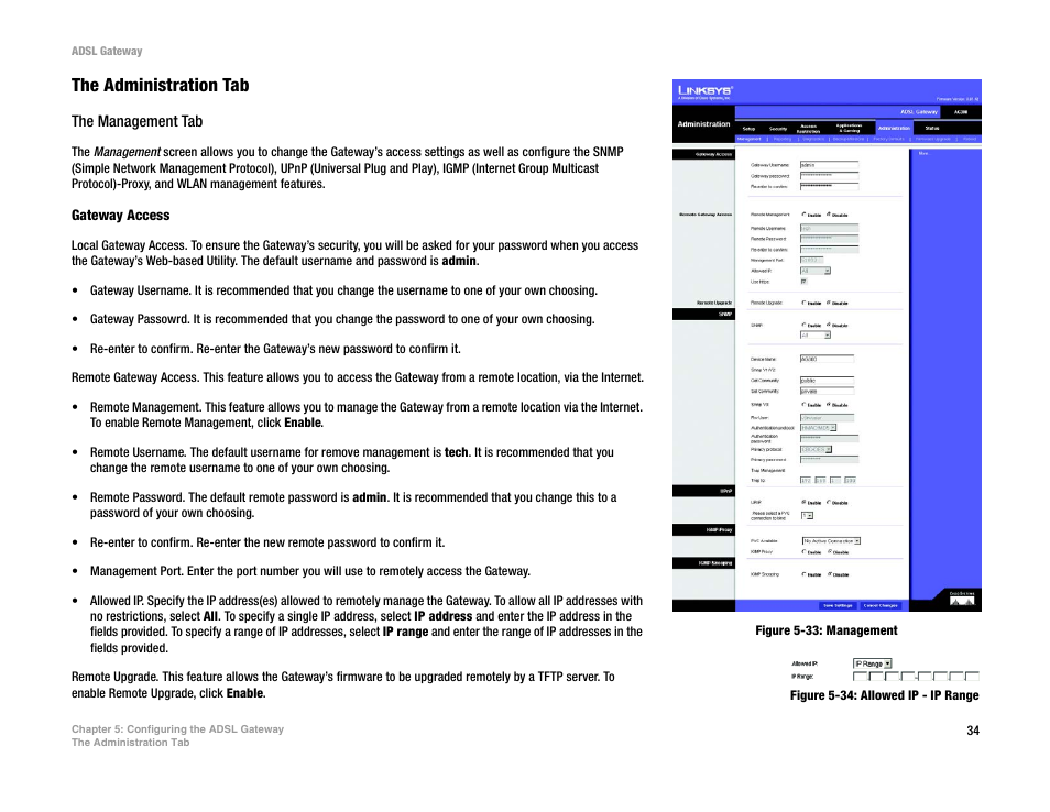 Figure 5-33: management, Figure 5-34: allowed ip - ip range, The administration tab | Linksys AG300 User Manual | Page 40 / 78