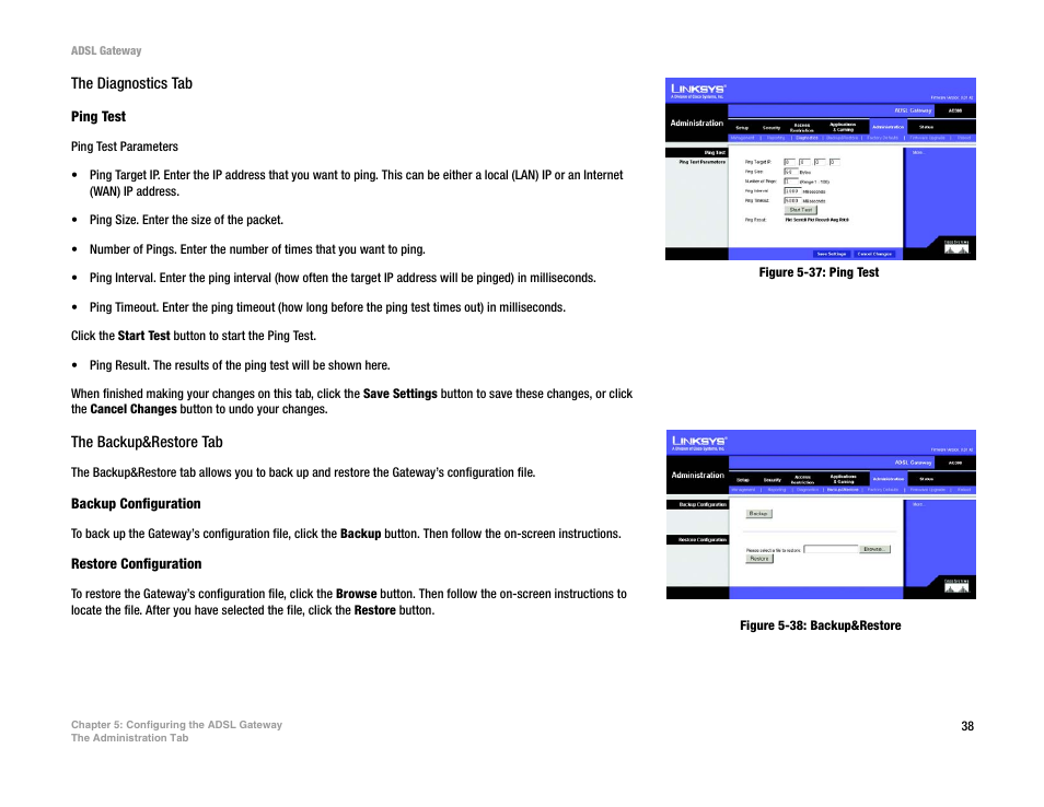 Figure 5-37: ping test, Figure 5-38: backup&restore | Linksys AG300 User Manual | Page 44 / 78