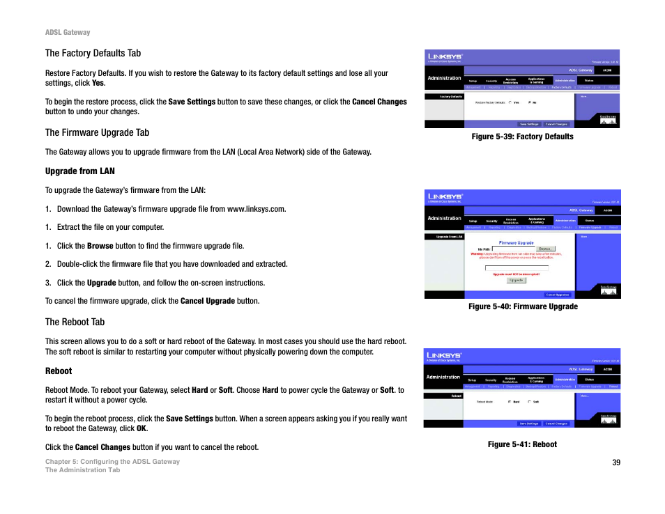 Figure 5-39: factory defaults, Figure 5-40: firmware upgrade, Figure 5-41: reboot | Linksys AG300 User Manual | Page 45 / 78