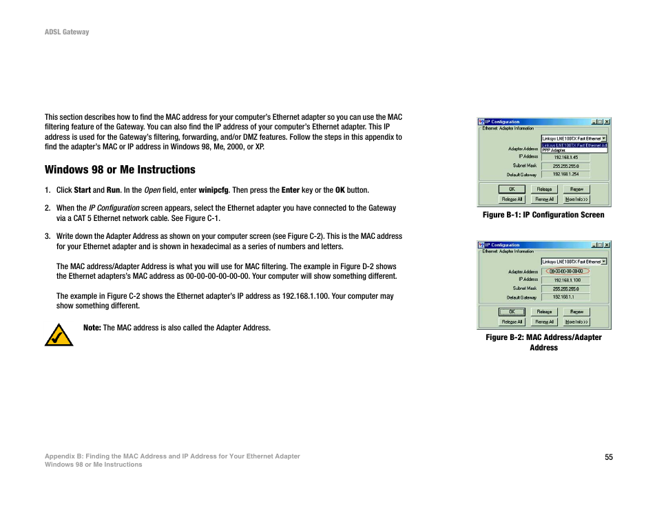 Figure b-1: ip configuration screen, Figure b-2: mac address/adapter address | Linksys AG300 User Manual | Page 61 / 78