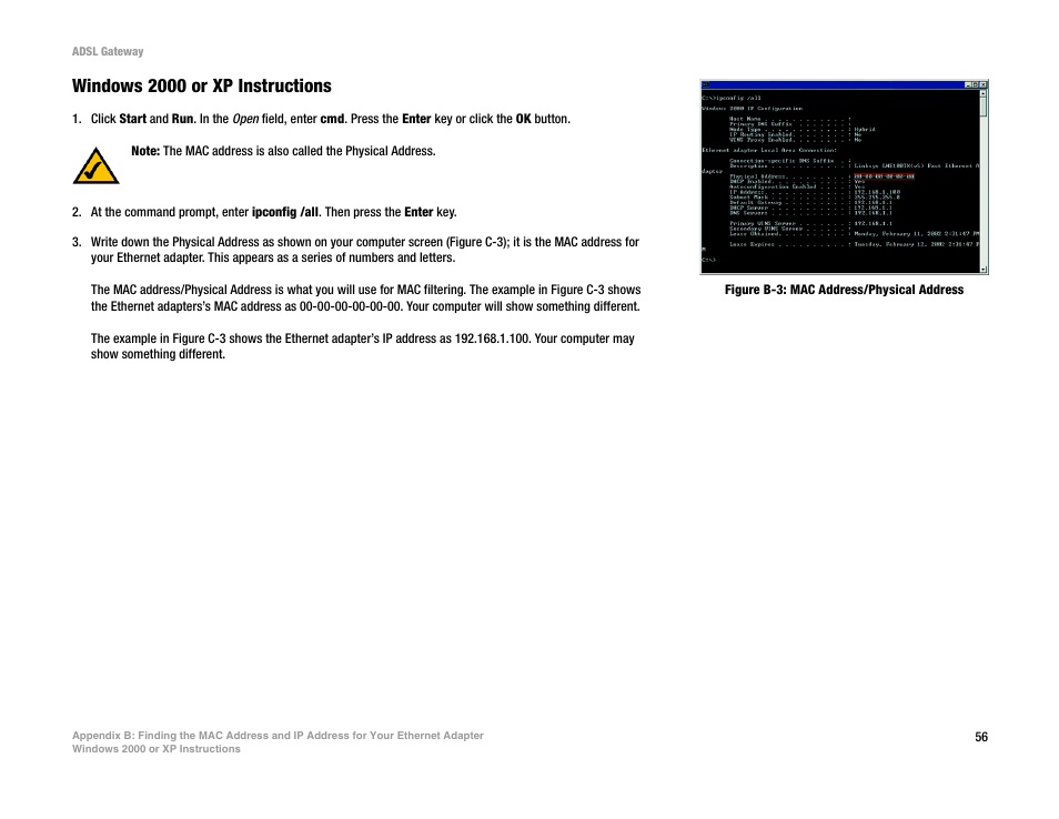 Figure b-3: mac address/physical address, Windows 2000 or xp instructions | Linksys AG300 User Manual | Page 62 / 78