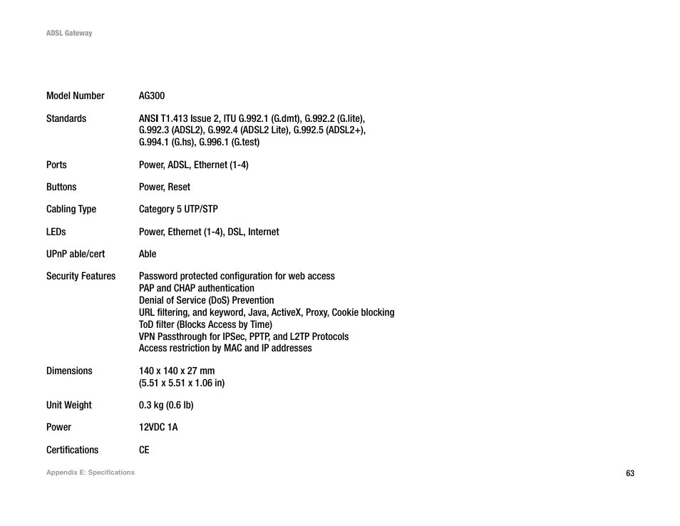 Appendix e: specifications | Linksys AG300 User Manual | Page 69 / 78