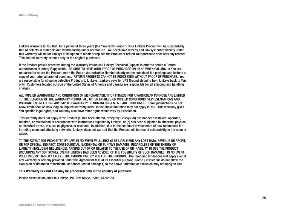 Appendix f: warranty information | Linksys AG300 User Manual | Page 71 / 78