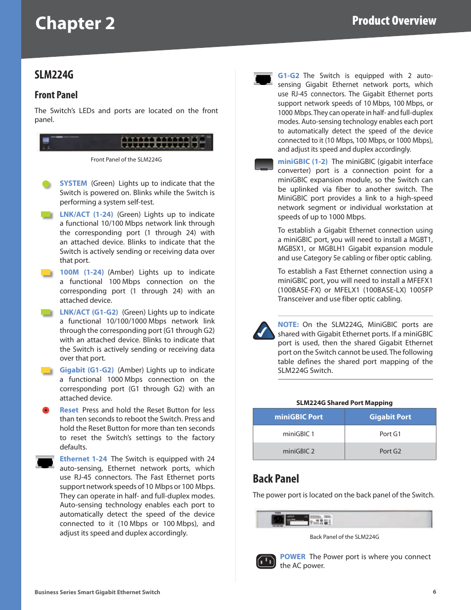 Slm224g, Front panel, Back panel | Chapter, Product overview | Linksys SLM248P User Manual | Page 11 / 56