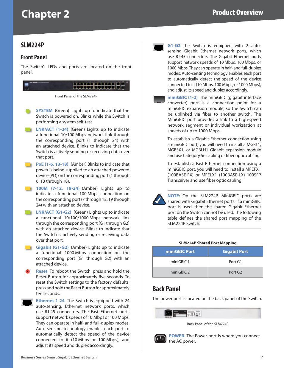 Slm224p, Front panel, Back panel | Chapter, Product overview | Linksys SLM248P User Manual | Page 12 / 56