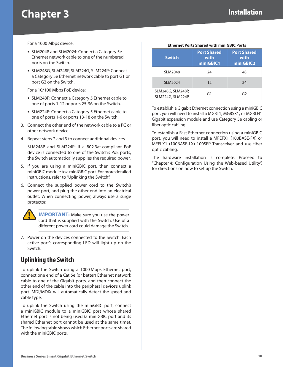 Uplinking the switch, Chapter, Installation | Linksys SLM248P User Manual | Page 15 / 56