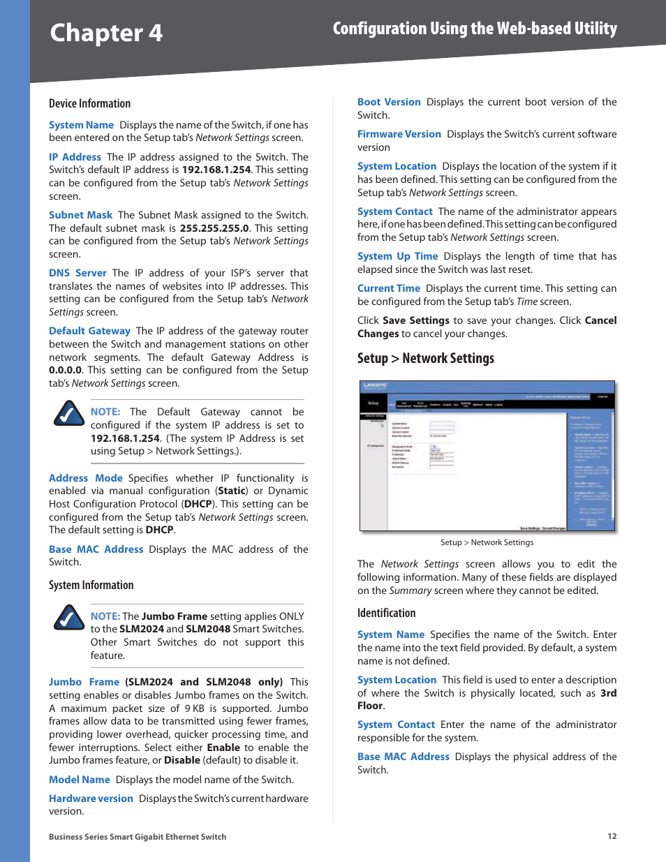 Setup > network settings, Chapter 4, Configuration using the web-based utility | Linksys SLM248P User Manual | Page 17 / 56