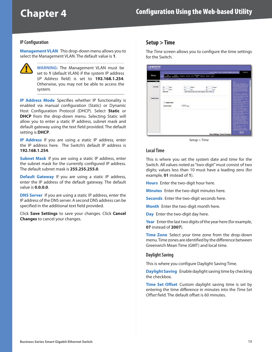 Setup > time, Chapter 4, Configuration using the web-based utility | Linksys SLM248P User Manual | Page 18 / 56