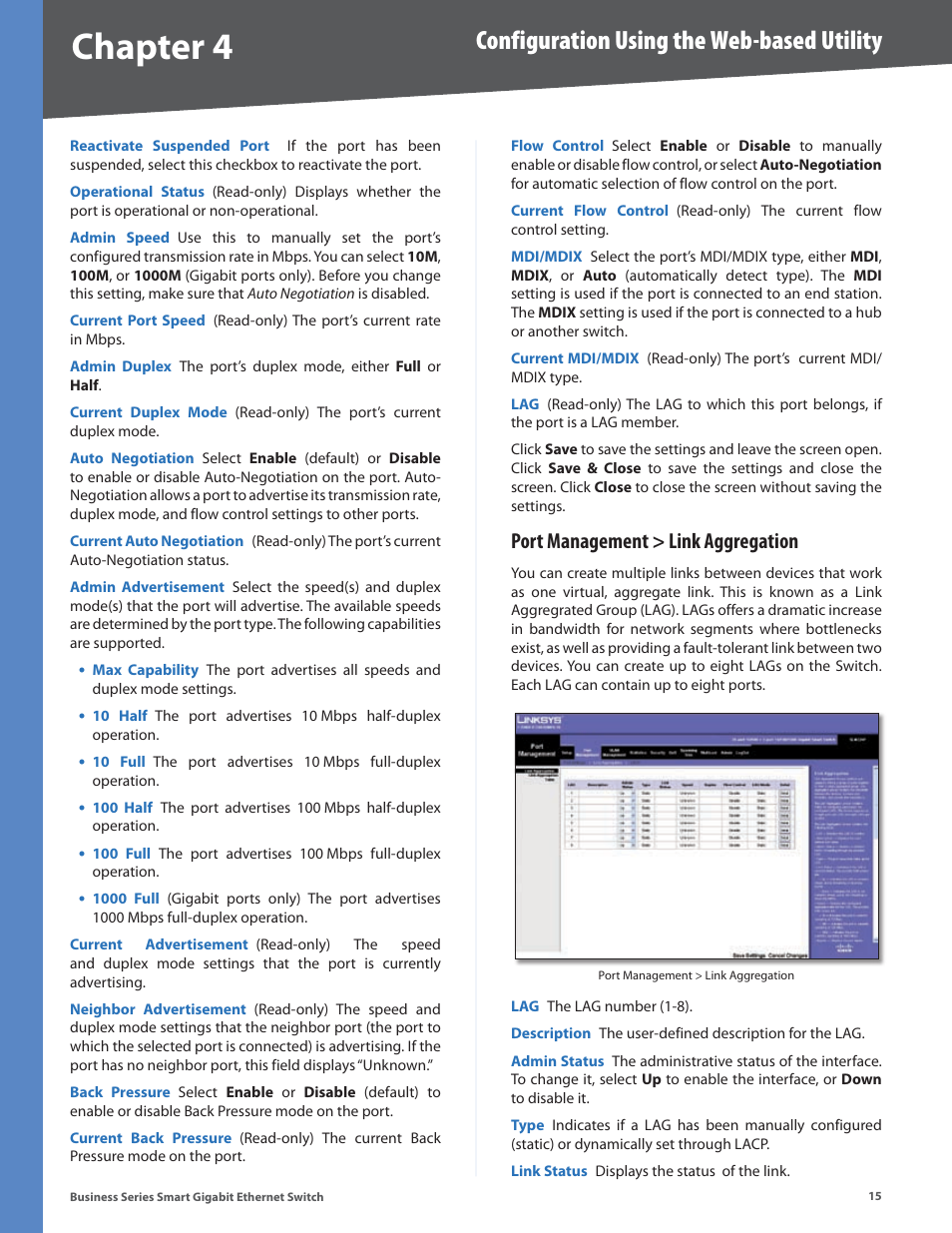 Port management > link aggregation, Chapter 4, Configuration using the web-based utility | Linksys SLM248P User Manual | Page 20 / 56