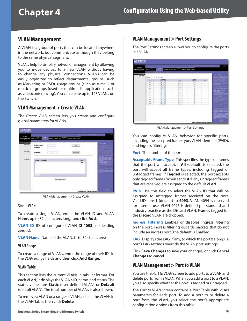Vlan management, Vlan management > create vlan, Vlan management > port settings | Vlan management > port to vlan, Chapter 4, Configuration using the web-based utility | Linksys SLM248P User Manual | Page 23 / 56
