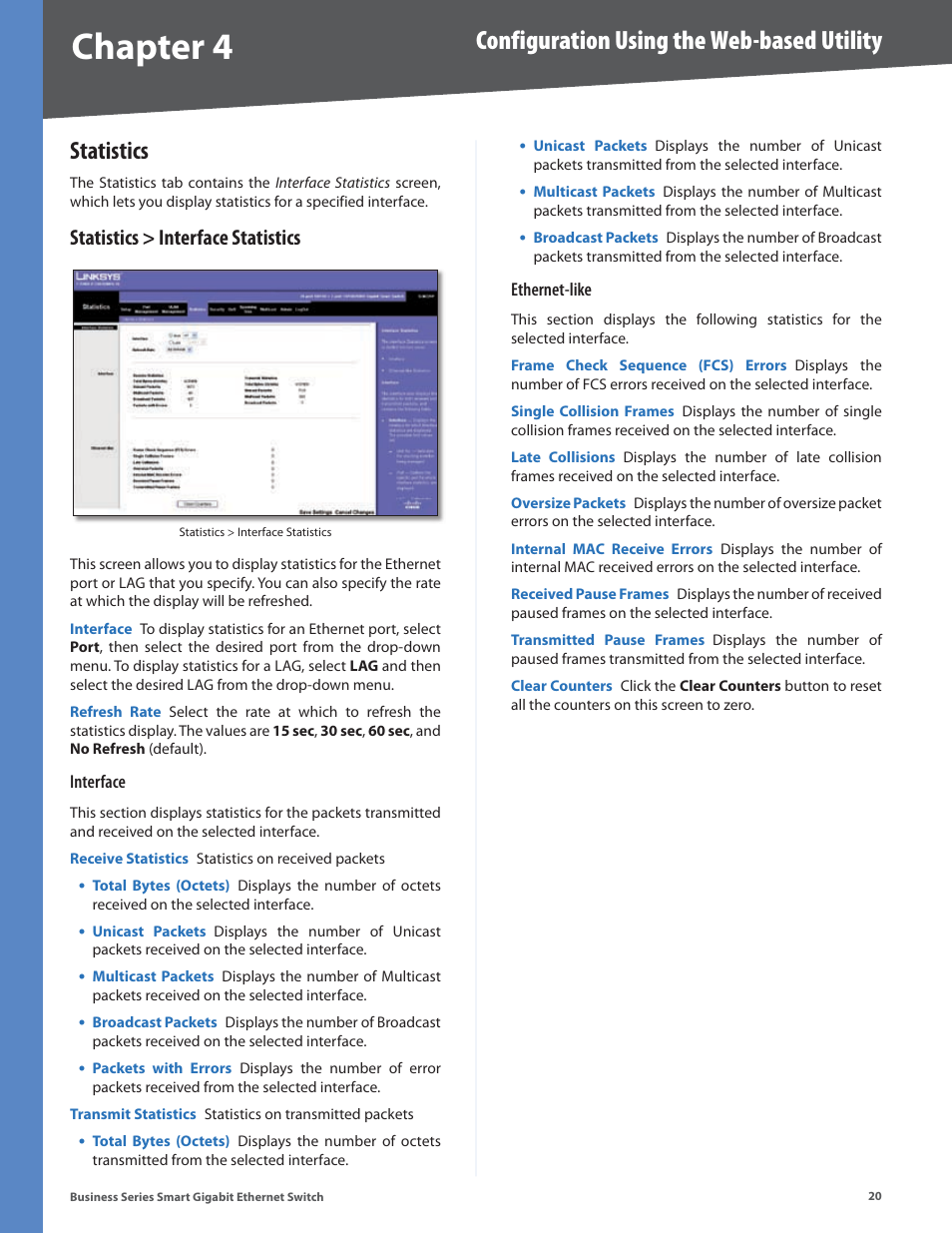 Statistics, Statistics > interface statistics, Chapter 4 | Configuration using the web-based utility | Linksys SLM248P User Manual | Page 25 / 56