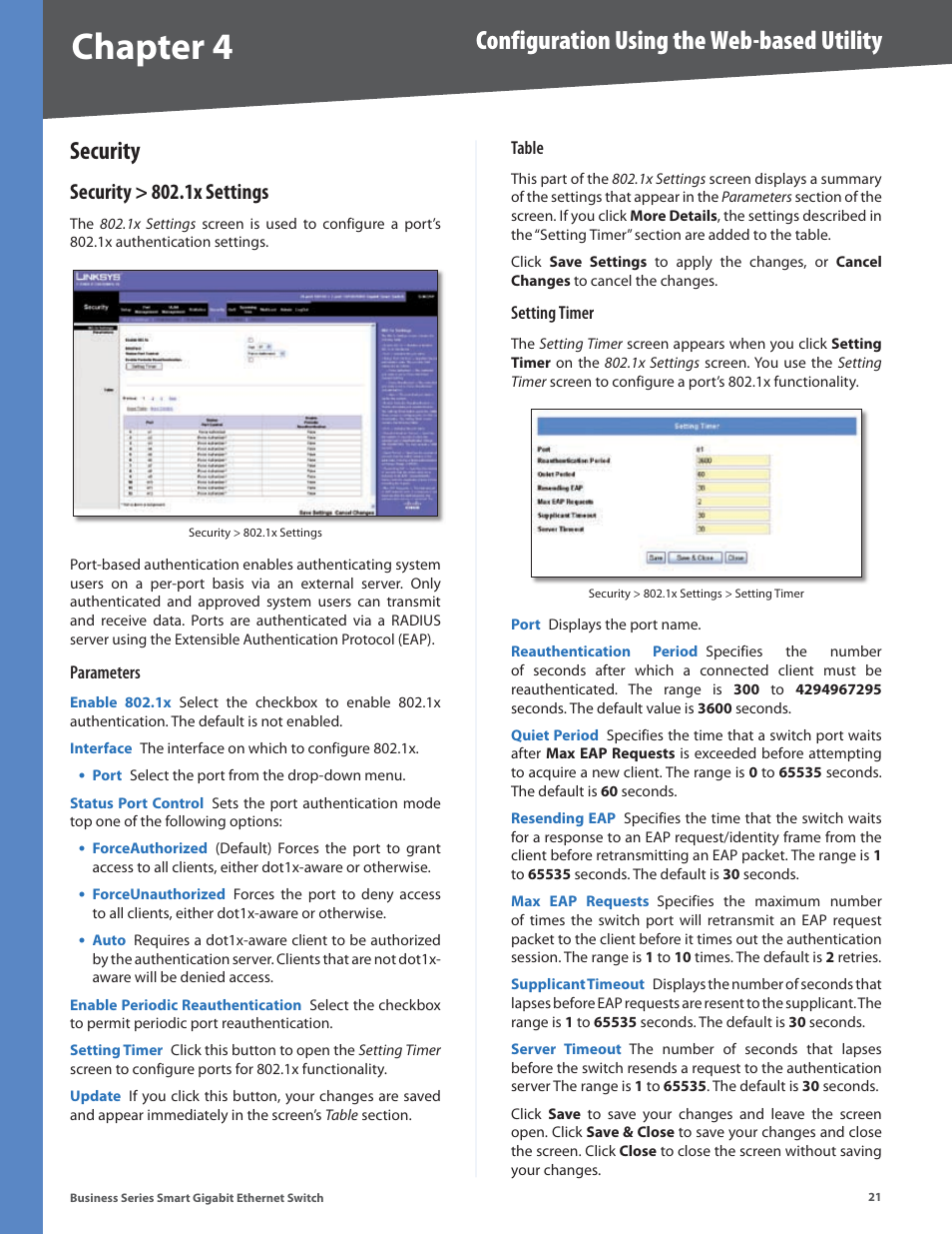 Security, Security > 802.1x settings, Chapter 4 | Configuration using the web-based utility | Linksys SLM248P User Manual | Page 26 / 56
