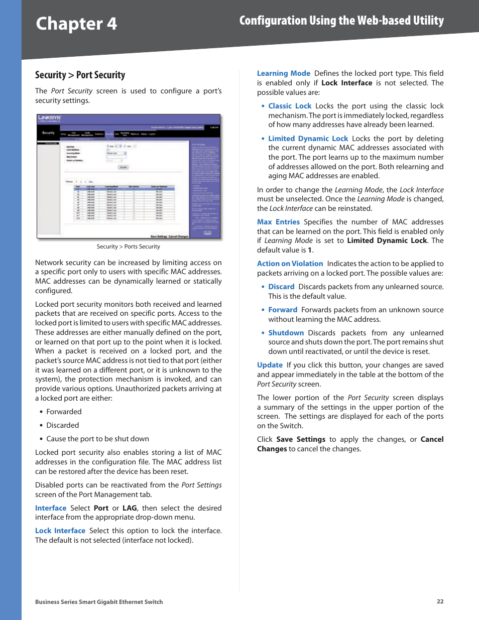 Security > port security, Chapter 4, Configuration using the web-based utility | Linksys SLM248P User Manual | Page 27 / 56