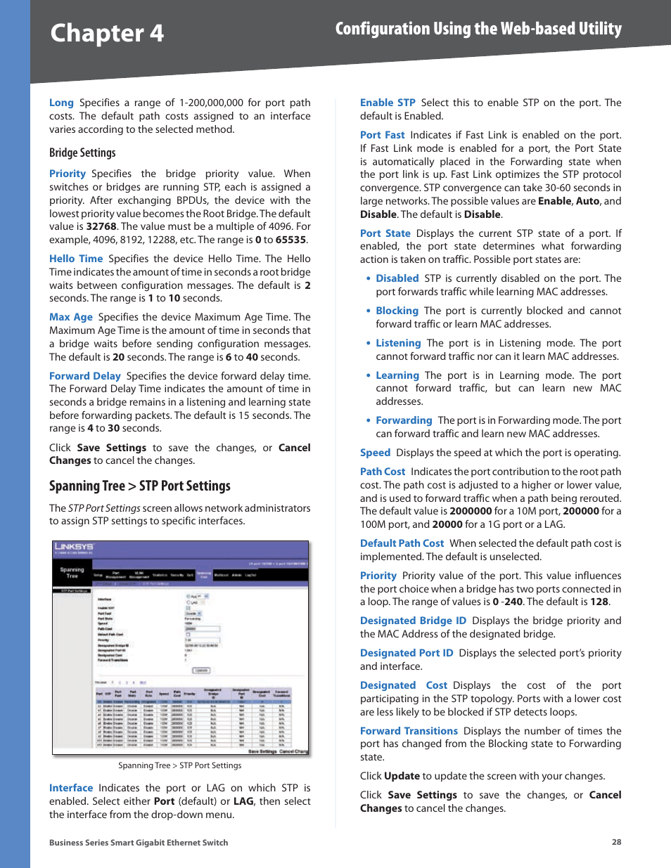 Spanning tree > stp port settings, Chapter 4, Configuration using the web-based utility | Linksys SLM248P User Manual | Page 33 / 56