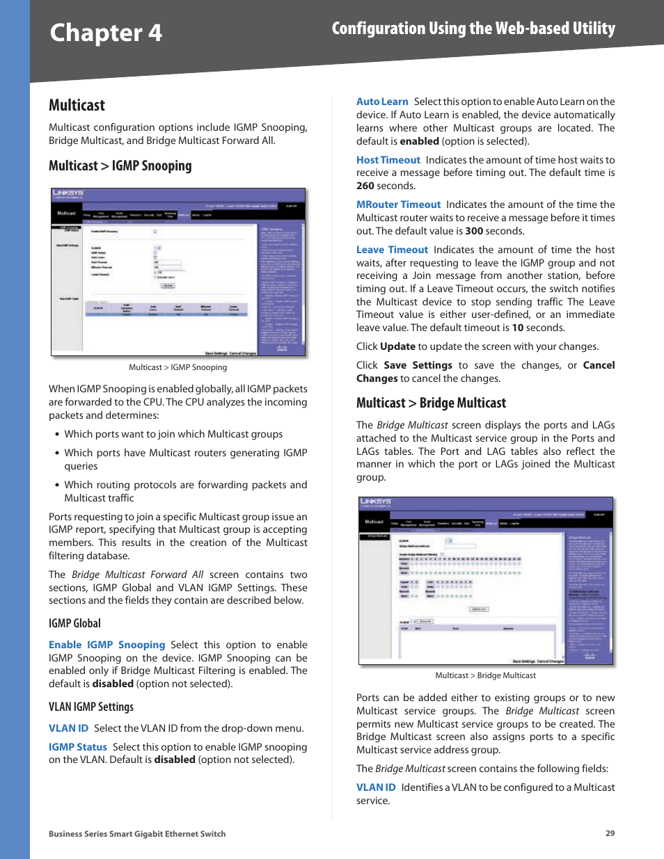 Multicast, Multicast > igmp snooping, Multicast > bridge multicast | Chapter 4, Configuration using the web-based utility | Linksys SLM248P User Manual | Page 34 / 56