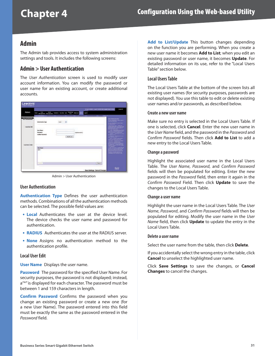 Admin, Admin > user authentication, Chapter 4 | Configuration using the web-based utility | Linksys SLM248P User Manual | Page 36 / 56