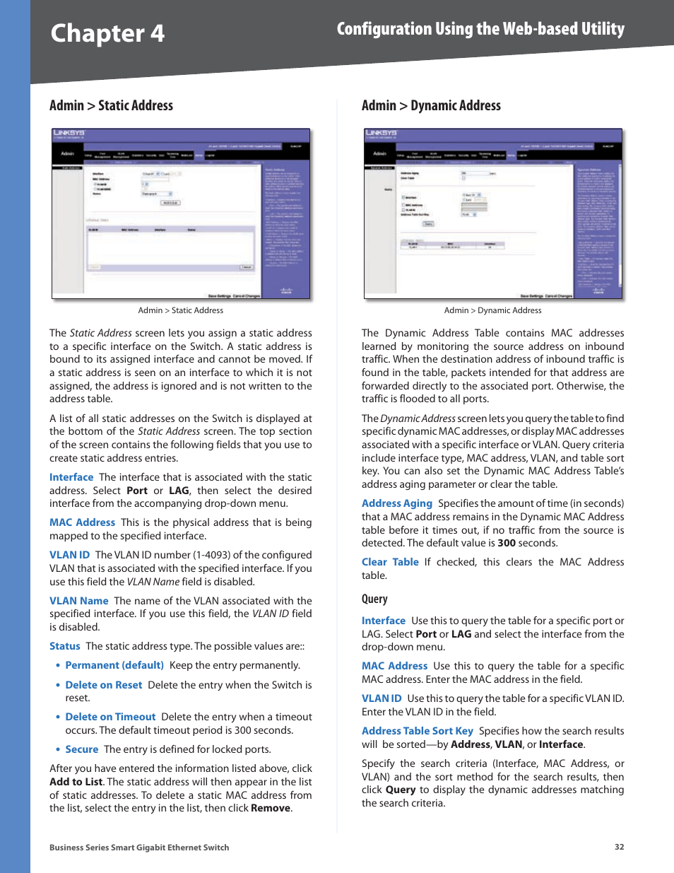 Admin > static address, Admin > dynamic address, Admin > static address admin > dynamic address | Chapter 4, Configuration using the web-based utility | Linksys SLM248P User Manual | Page 37 / 56