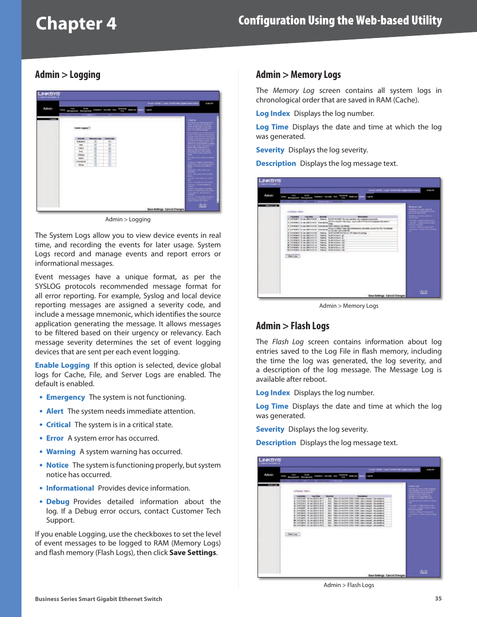 Admin > logging, Admin > memory logs, Admin > flash logs | Chapter 4, Configuration using the web-based utility | Linksys SLM248P User Manual | Page 40 / 56