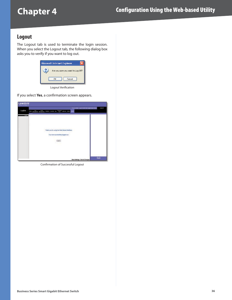 Logout, Chapter 4, Configuration using the web-based utility | Linksys SLM248P User Manual | Page 41 / 56