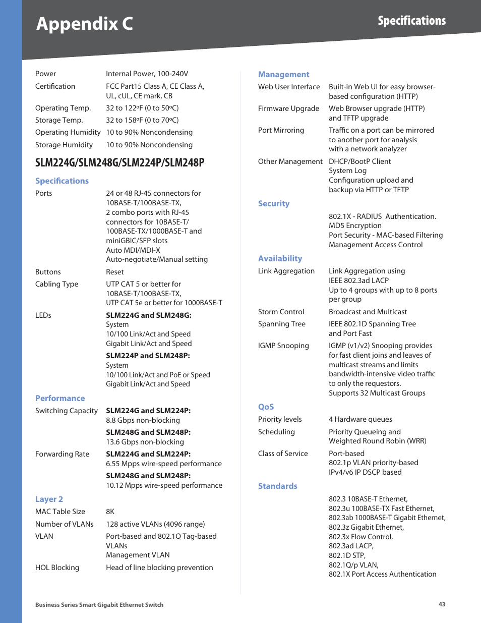 Slm224g/slm248g/slm224p/slm248p, Appendix c, Specifications | Linksys SLM248P User Manual | Page 48 / 56