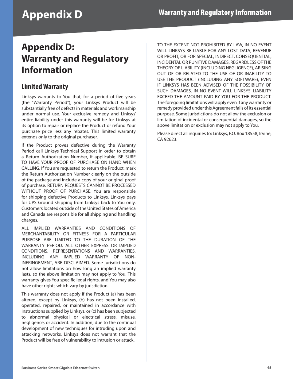 Appendix d: warranty and regulatory information, Limited warranty, Appendix d | Warranty and regulatory information | Linksys SLM248P User Manual | Page 50 / 56