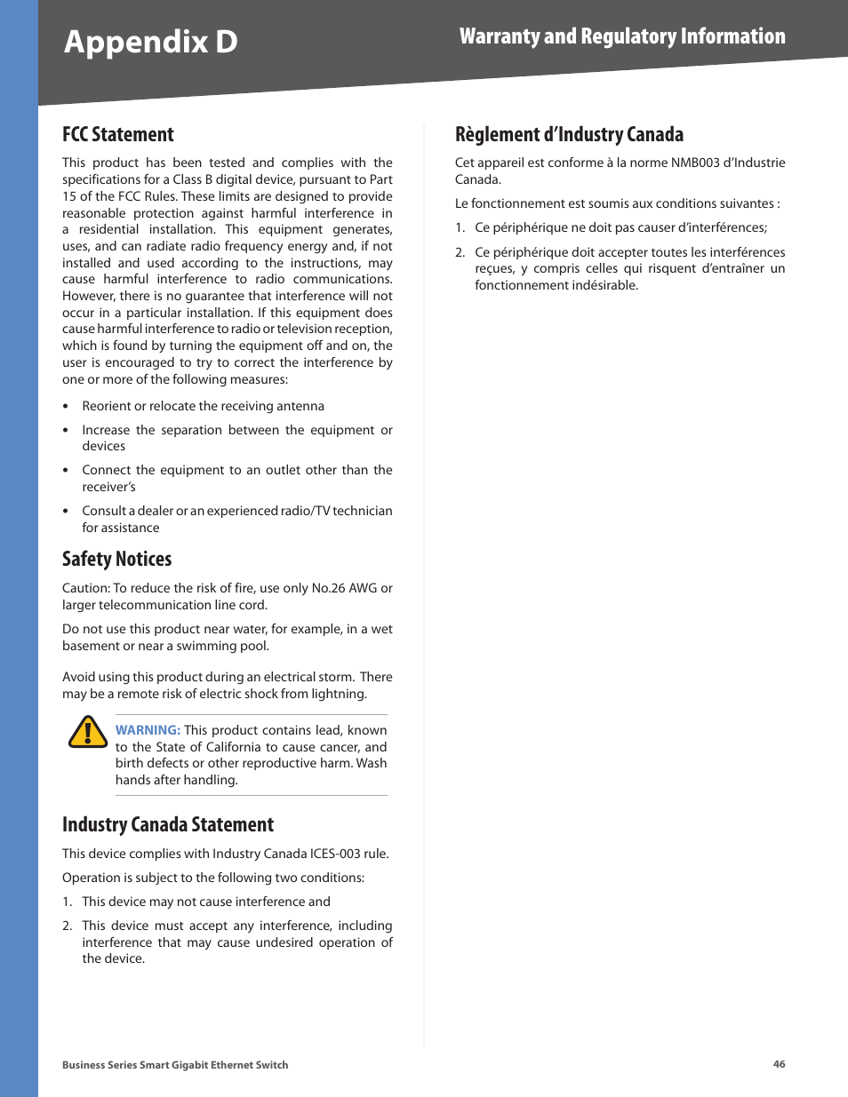 Fcc statement, Safety notices, Industry canada statement | Règlement d’industry canada, Appendix d, Warranty and regulatory information | Linksys SLM248P User Manual | Page 51 / 56
