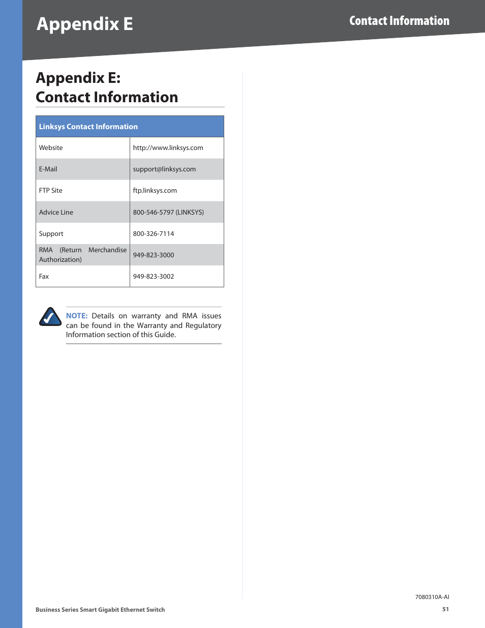 Appendix e: contact information, Appendix e, Contact information | Linksys SLM248P User Manual | Page 56 / 56