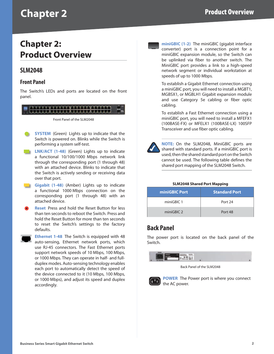 Chapter 2: product overview, Slm2048, Front panel | Back panel, Chapter, Chapter : product overview, Product overview | Linksys SLM248P User Manual | Page 7 / 56