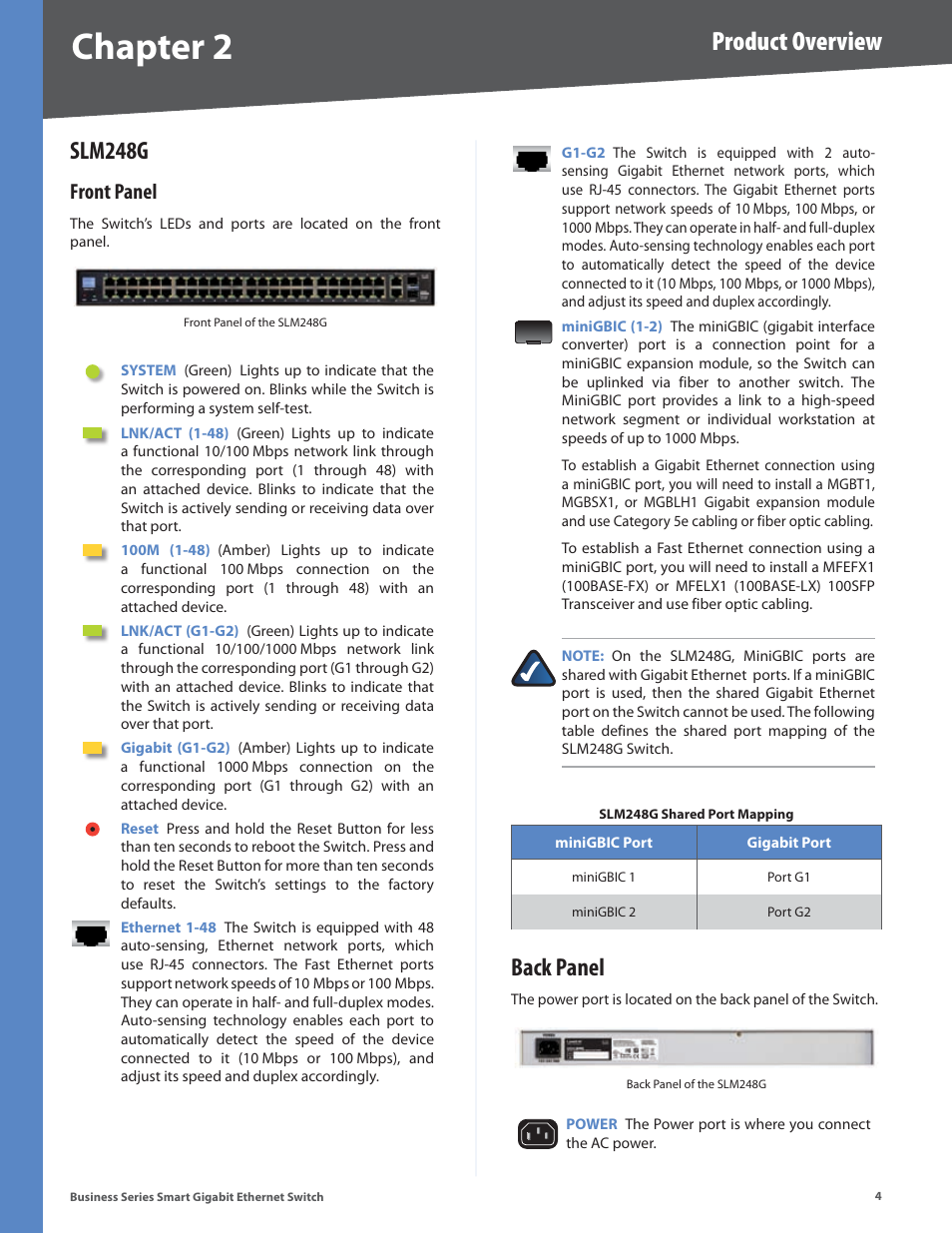 Slm248g, Front panel, Back panel | Chapter, Product overview | Linksys SLM248P User Manual | Page 9 / 56