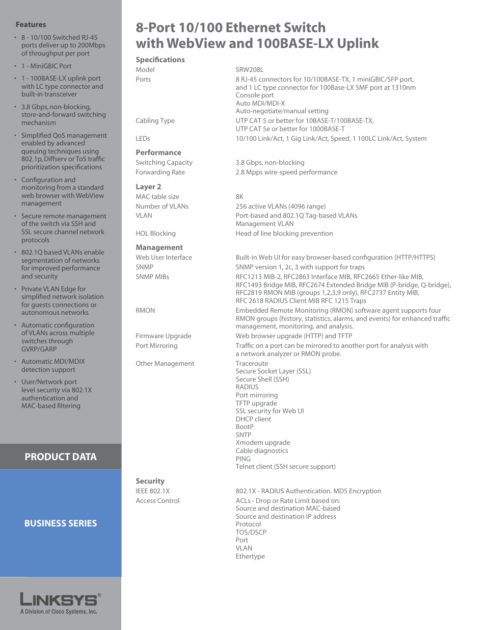 Product data, Business series | Linksys SRW208L User Manual | Page 2 / 3