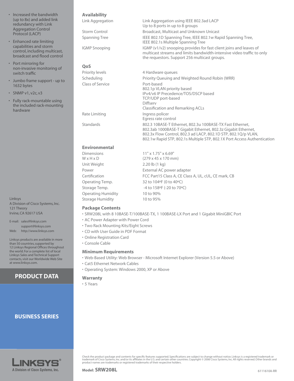 Product data, Business series | Linksys SRW208L User Manual | Page 3 / 3