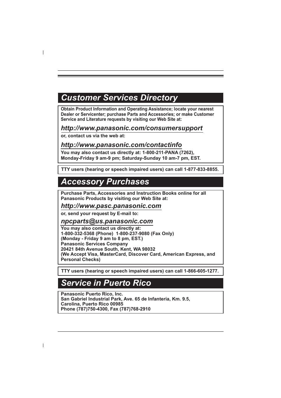 Customer services directory, Accessory purchases service in puerto rico | Linksys KX-TG5583 User Manual | Page 8 / 11