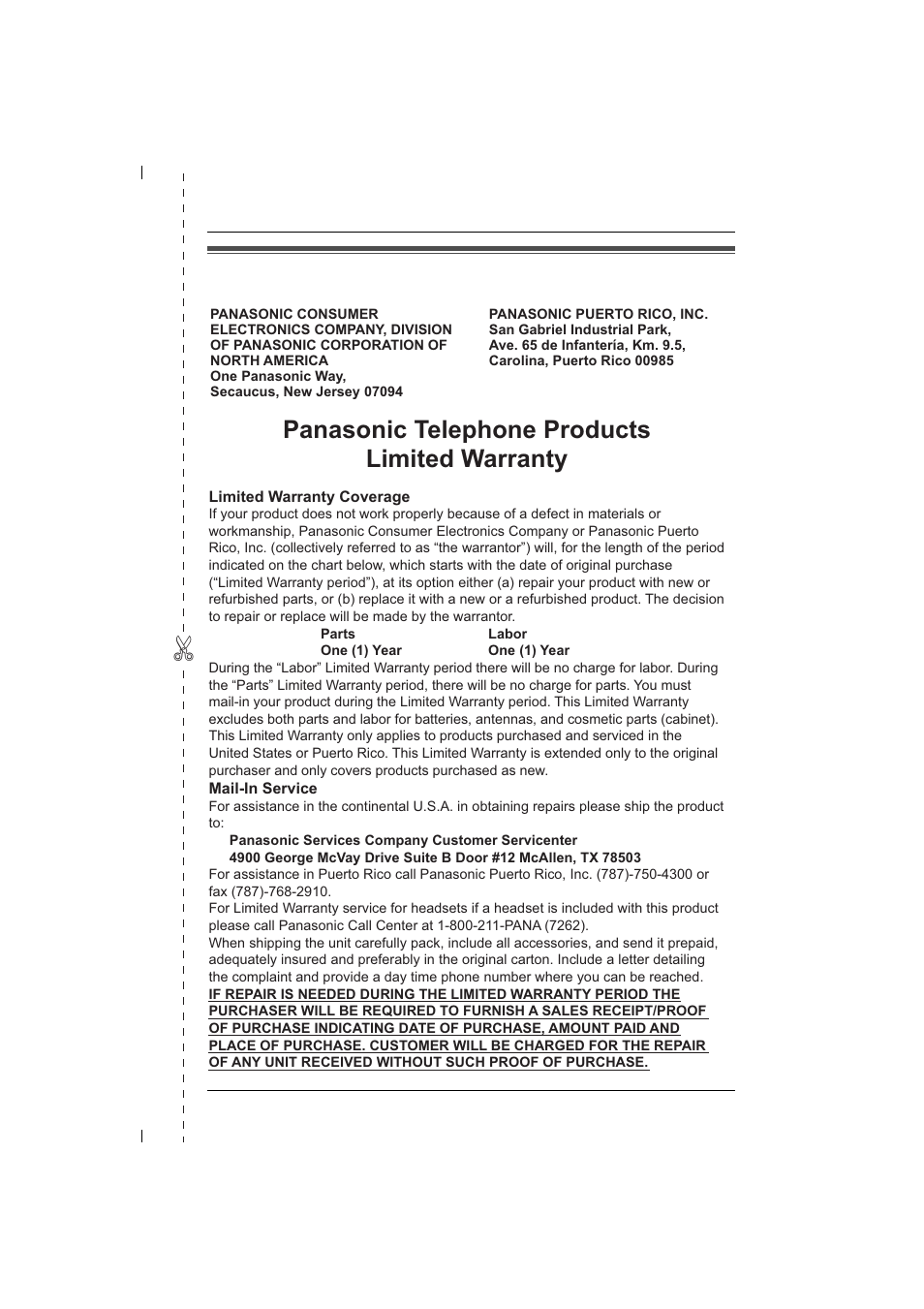 Panasonic telephone products limited warranty, Warranty | Linksys KX-TG5583 User Manual | Page 9 / 11