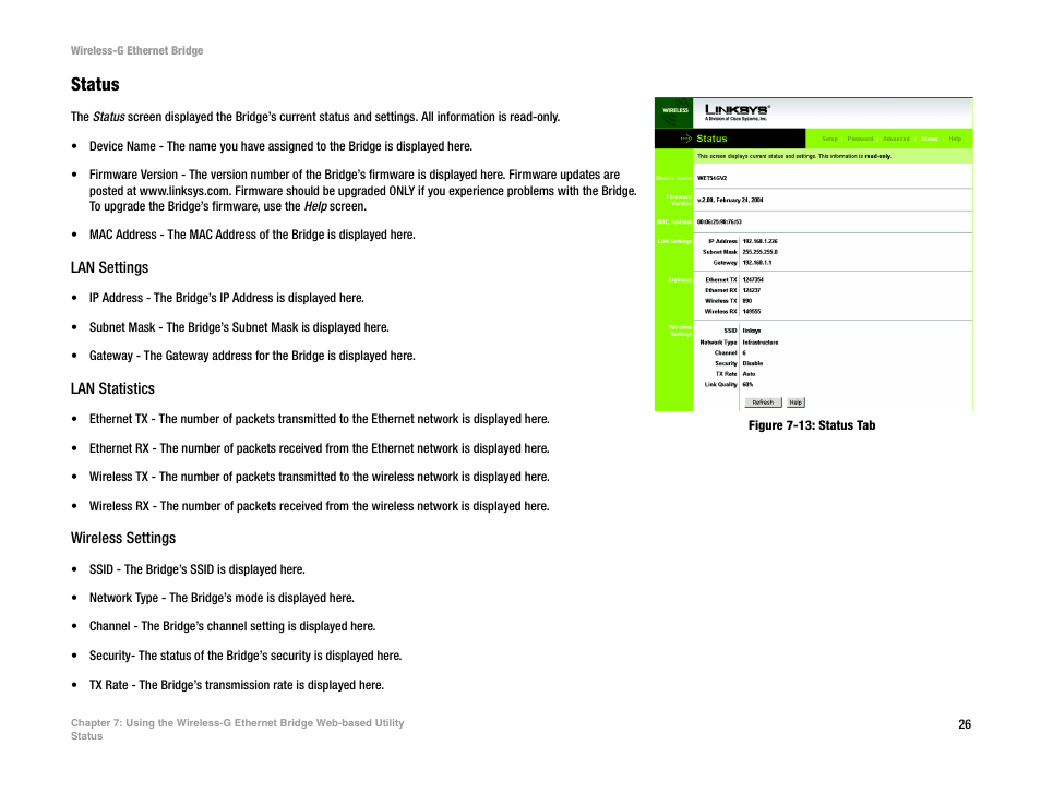 Status | Linksys WET54G V3 User Manual | Page 32 / 54