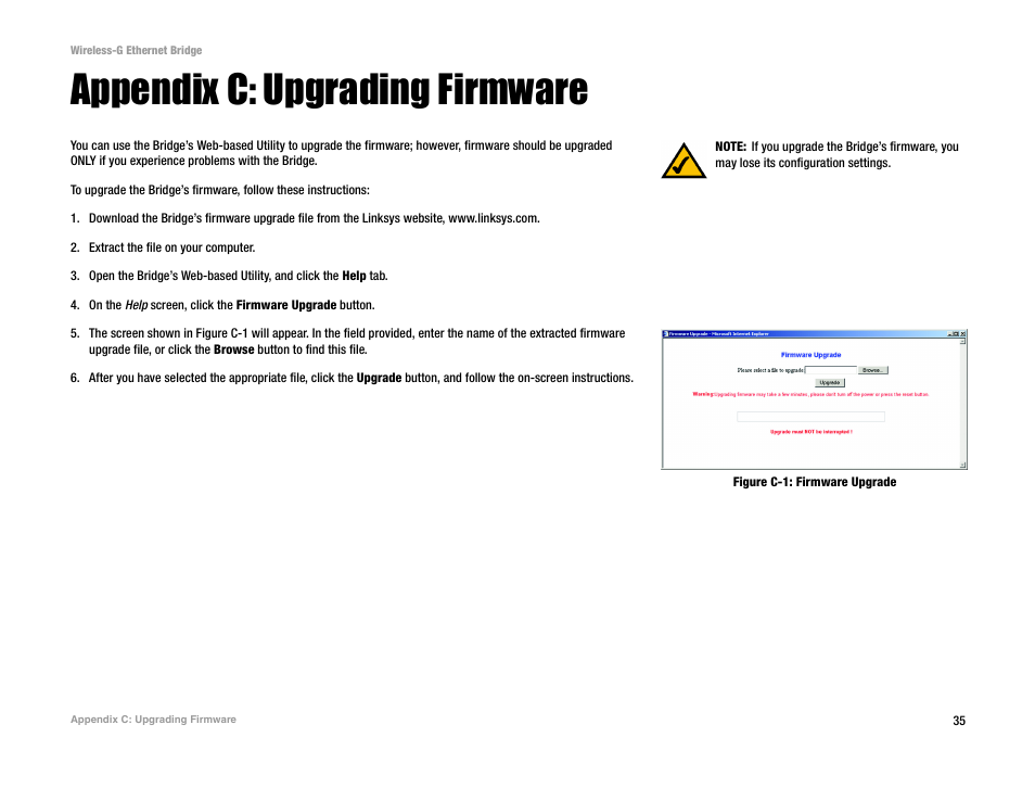 Appendix c: upgrading firmware | Linksys WET54G V3 User Manual | Page 41 / 54