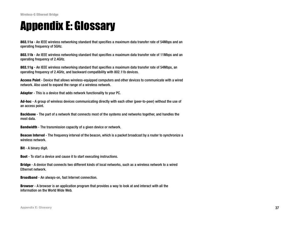 Appendix e: glossary | Linksys WET54G V3 User Manual | Page 43 / 54
