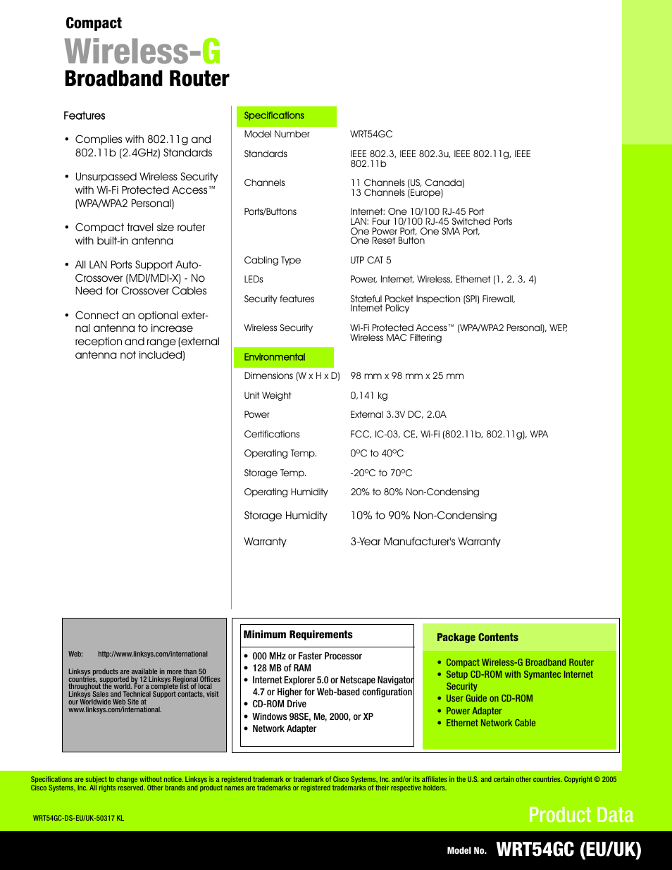 Wireless- g, Broadband router, Product data | Wrt54gc (eu/uk), Compact | Linksys Compact Wireless-G Broadband Router WRT54GC User Manual | Page 2 / 2