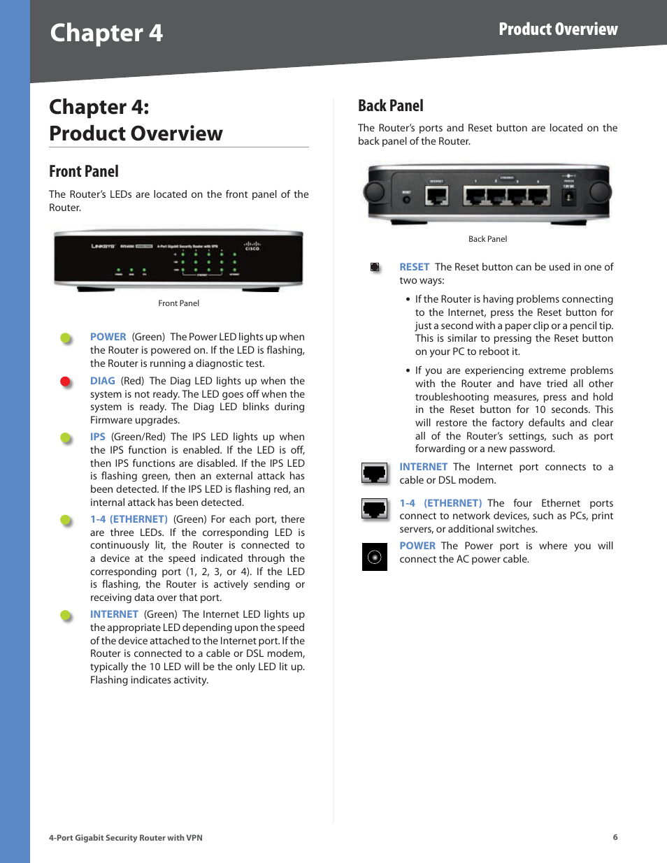 Chapter 4: product overview, Front panel, Back panel | Front panel back panel, Chapter 4, Product overview | Linksys RVS4000 User Manual | Page 11 / 68