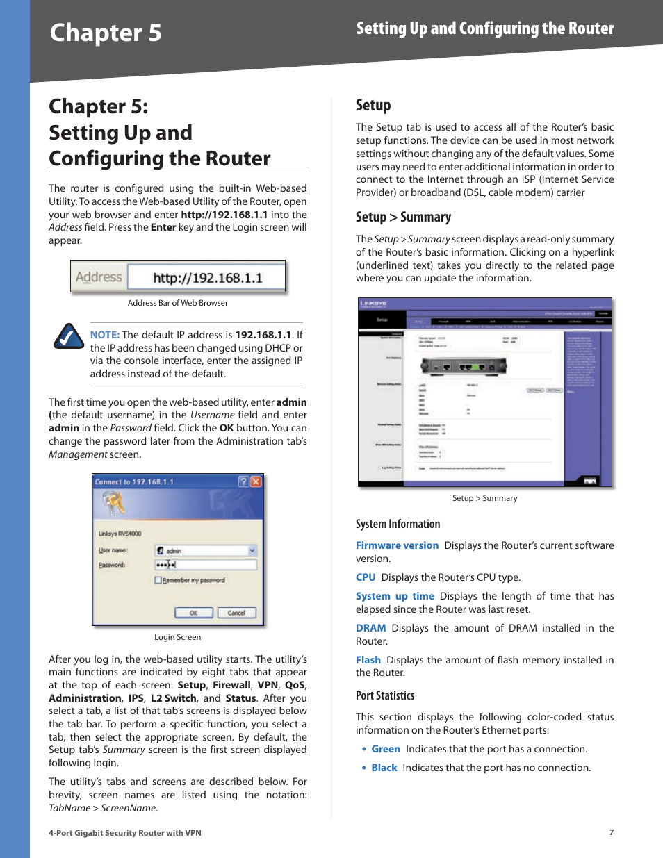 Chapter 5: setting up and configuring the router, Setup, Setup > summary | Chapter, Chapter : setting up and configuring the router, Setting up and configuring the router | Linksys RVS4000 User Manual | Page 12 / 68