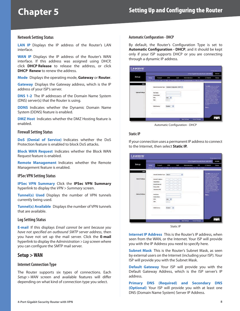 Setup > wan, Chapter, Setting up and configuring the router | Linksys RVS4000 User Manual | Page 13 / 68