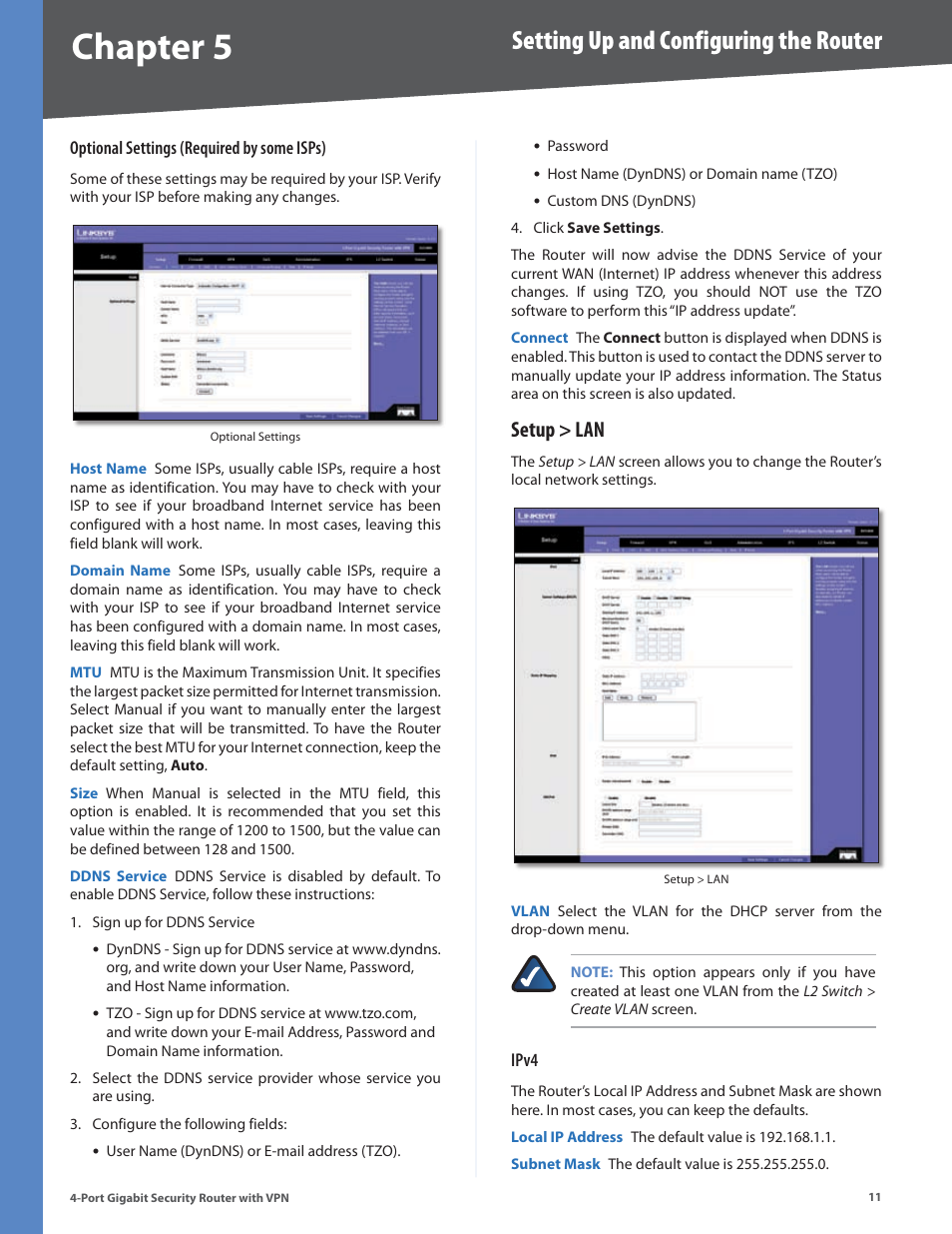 Setup > lan, Chapter, Setting up and configuring the router | Linksys RVS4000 User Manual | Page 16 / 68