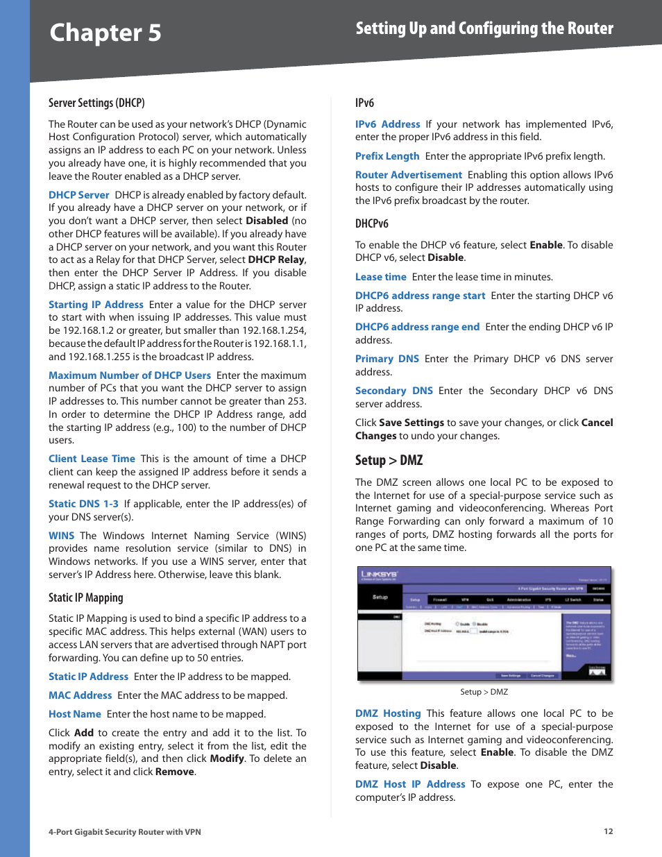 Setup > dmz, Chapter, Setting up and configuring the router | Linksys RVS4000 User Manual | Page 17 / 68