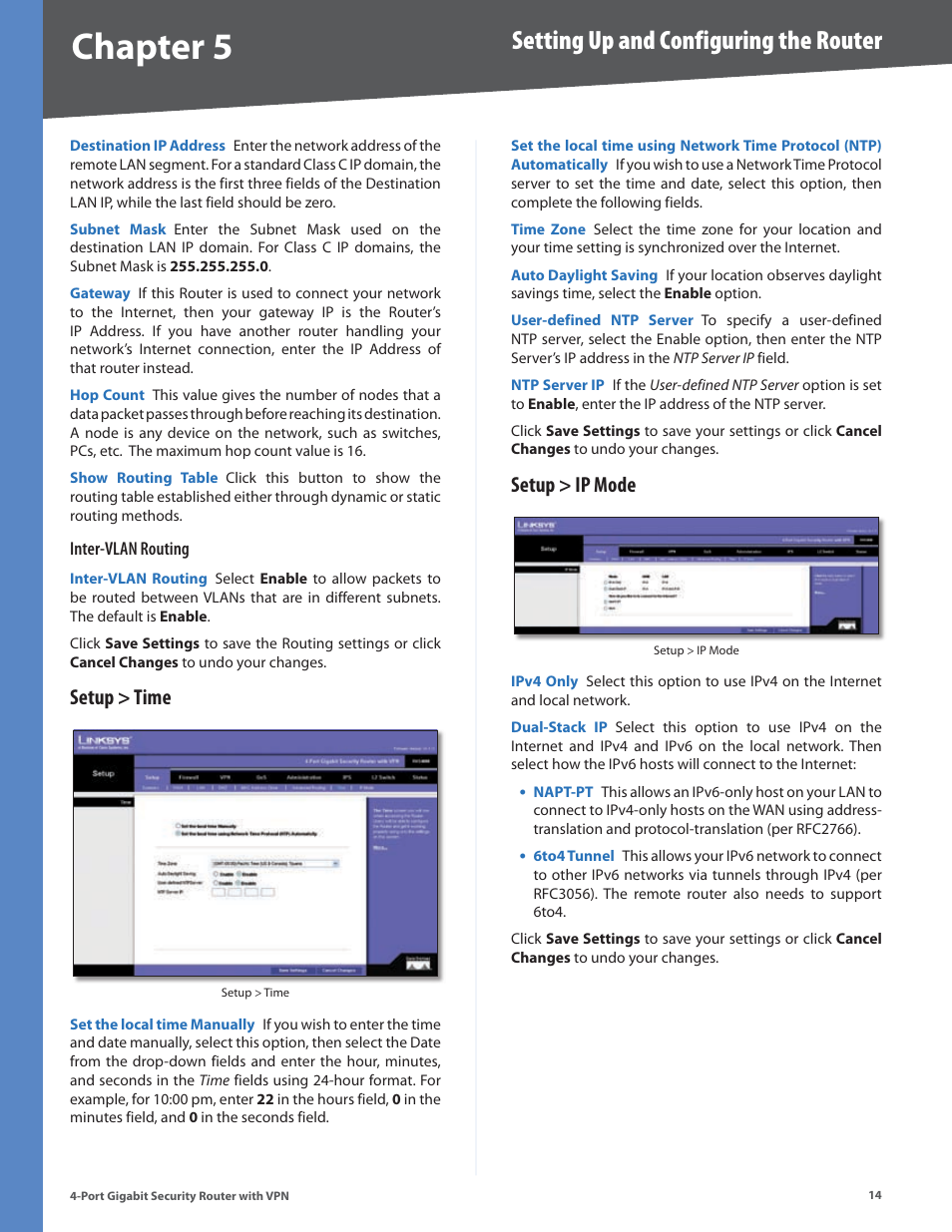 Setup > time, Setup > ip mode, Setup > time setup > ip mode | Chapter, Setting up and configuring the router | Linksys RVS4000 User Manual | Page 19 / 68